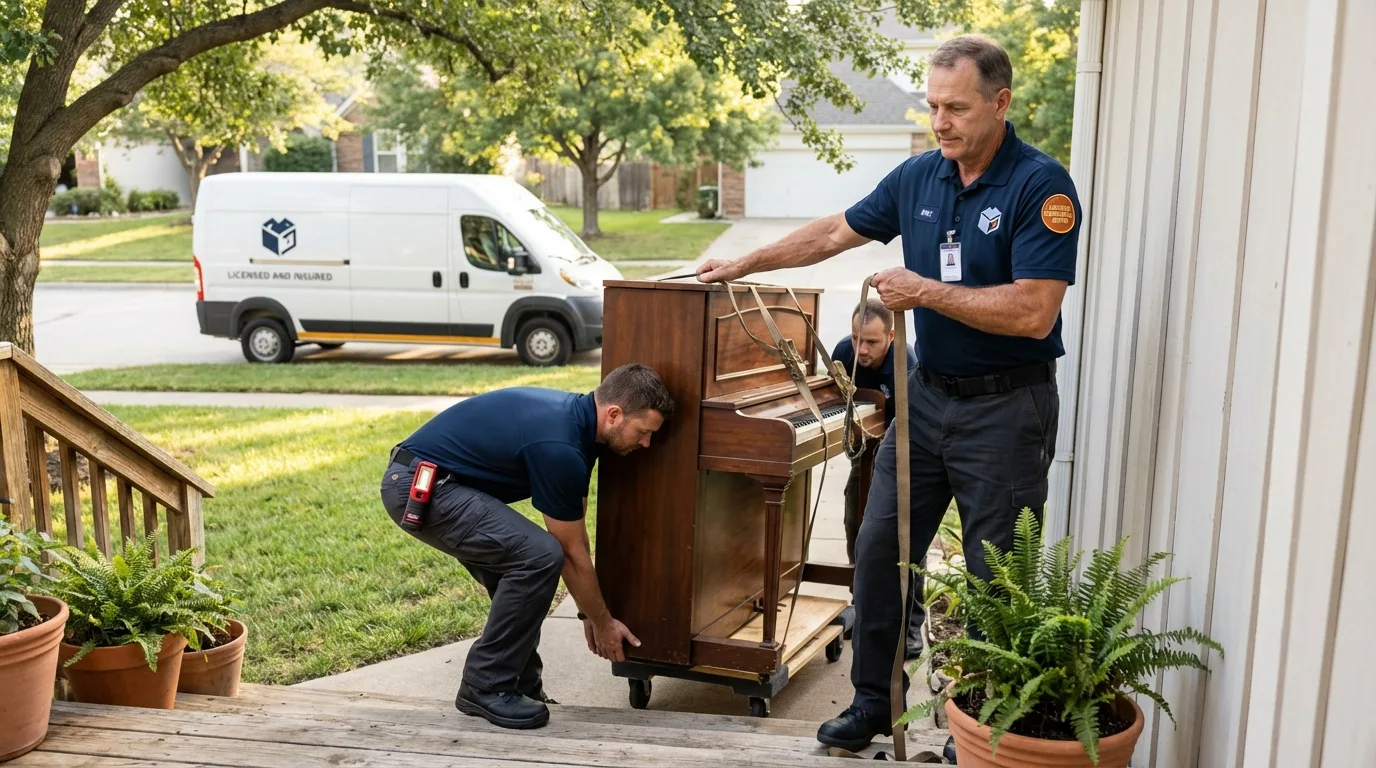 Licensed piano movers securing grand piano in The Plains, OH