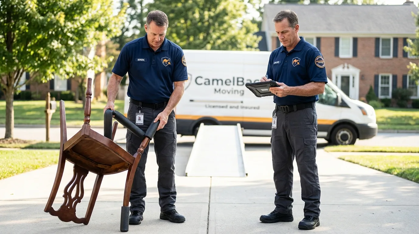 Movers inspecting furniture for damage prevention before loading in The Plains, OH
